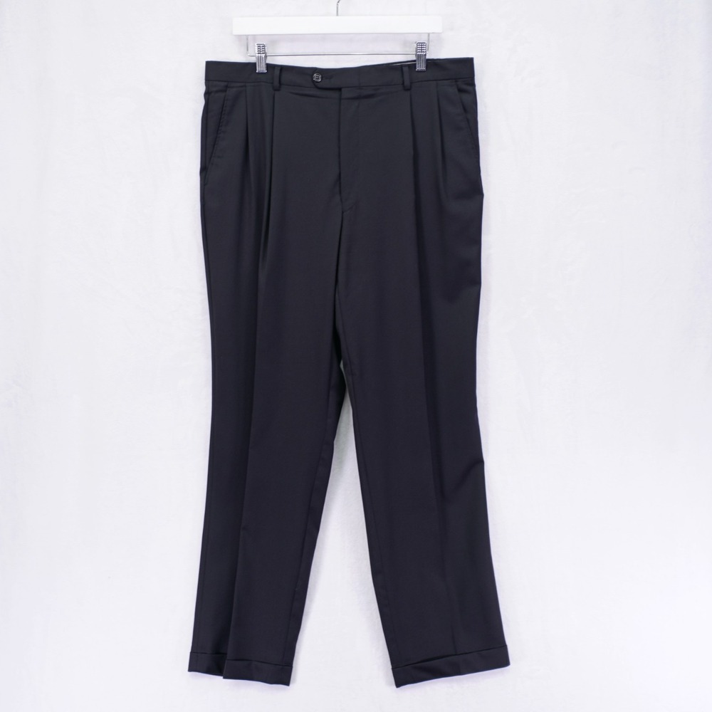 Hickey Freeman Black Wool Dress Pants Trousers 36 / 31.5 Pleated Cuffed Mid Rise